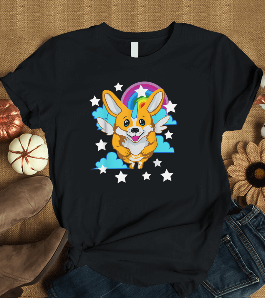 Unicorg Funny Unicorn Corgi Dog with Rainbow and Stars T-Shirt