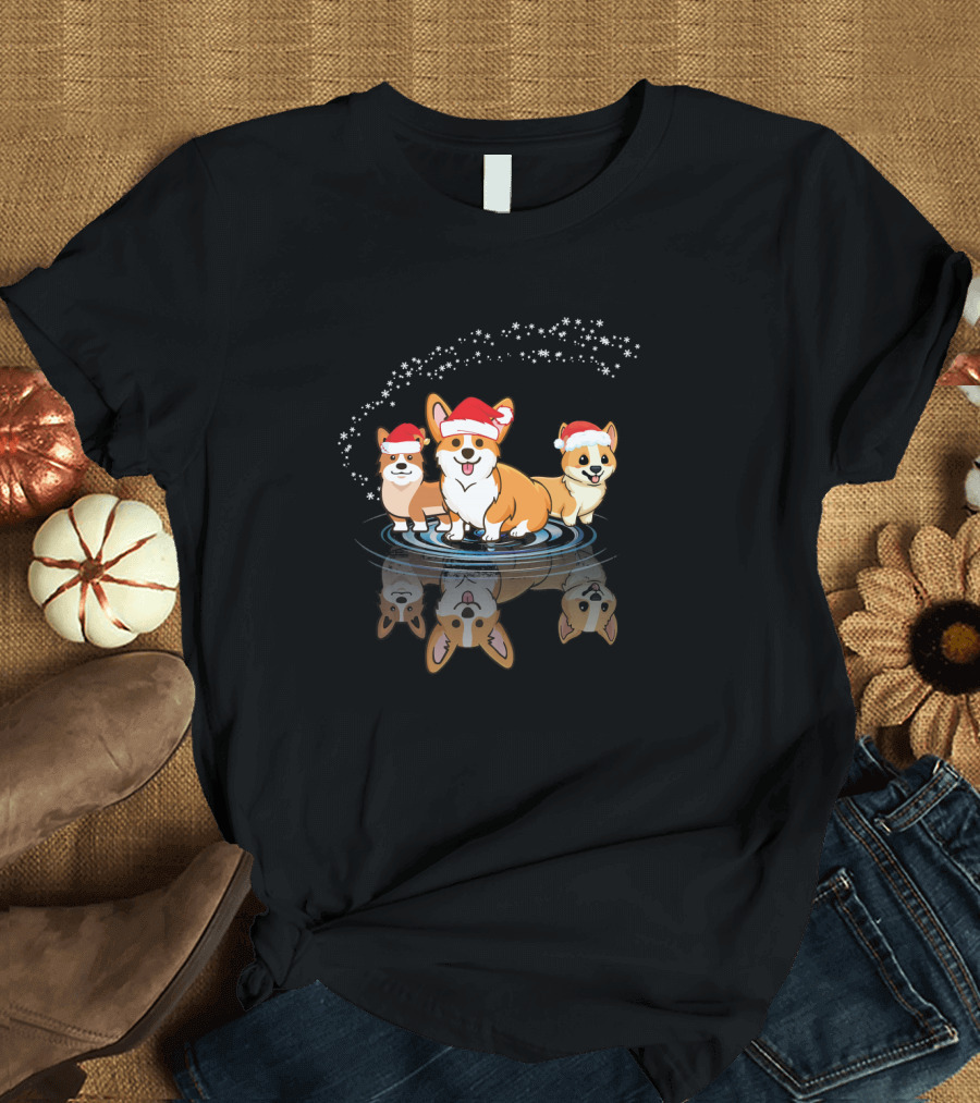 Three Corgi Dogs Noel Costume Santa Hats Reflection T-Shirt