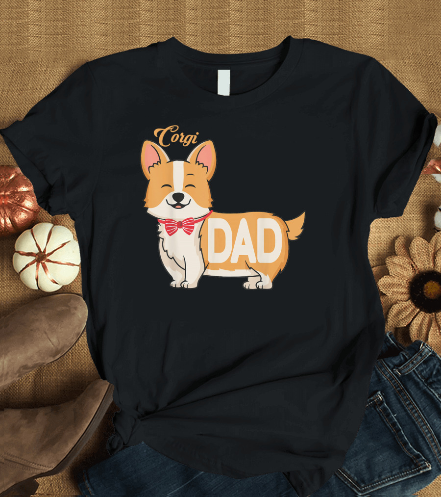 Corgi Dad Mens Cute Cartoon with Bow Tie T-Shirt
