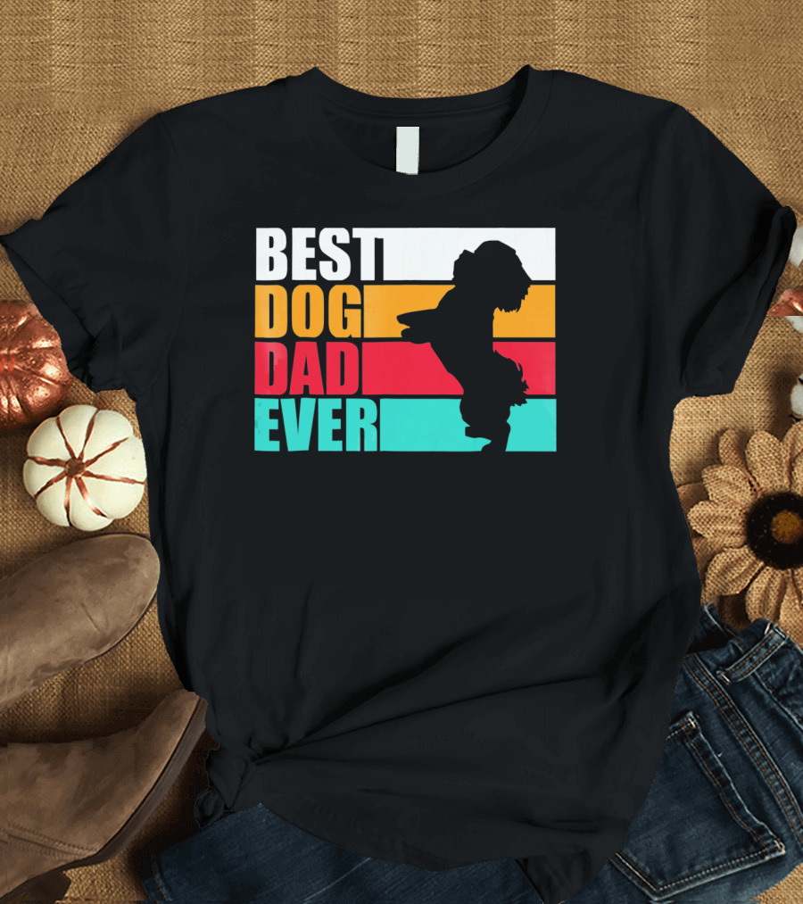 Best Dog Dad Ever Havanese Silhouette Retro Stripes T-Shirt