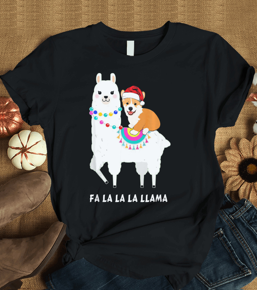 Santa Corgi Riding Llama Fa La La La Llama Funny Corgi Christmas T-Shirt