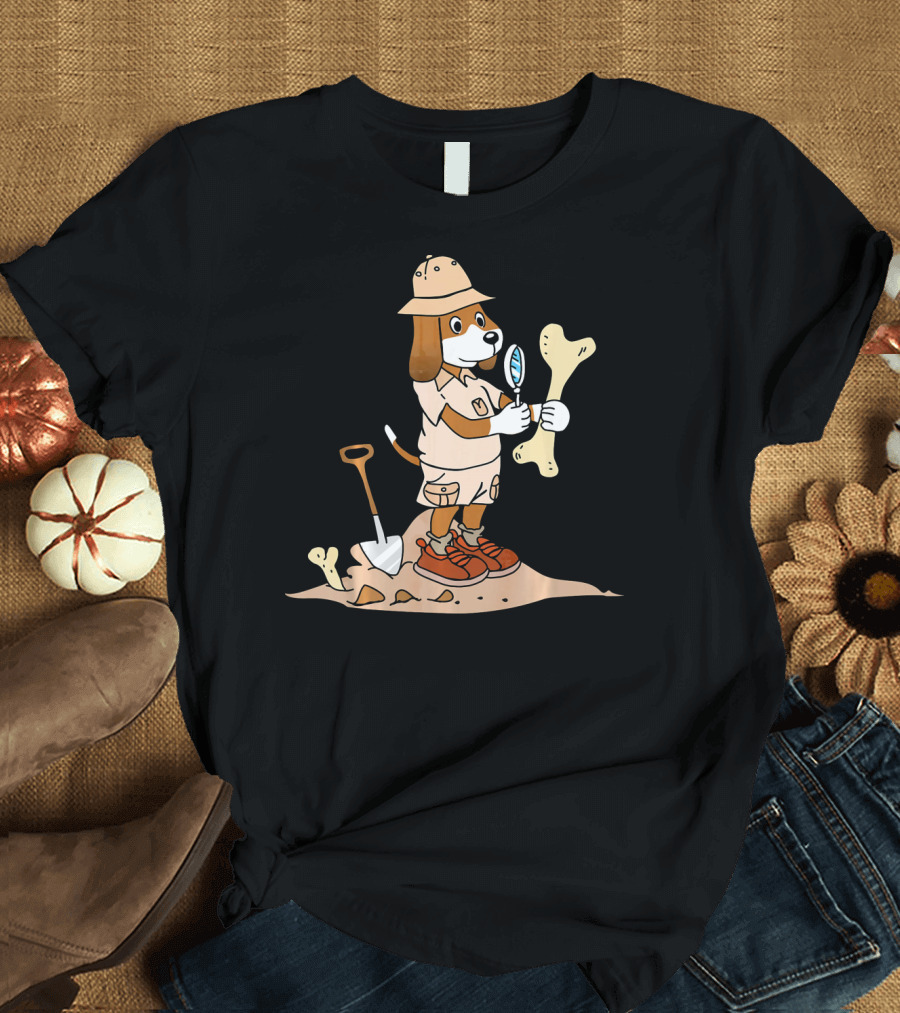 Basset Hound Dressed as Explorer with Bone and Shovel T-Shirt