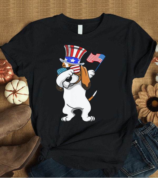 T-Shirt: Basset Hound Dabbing Patriotic Dog Dad with American Flag 4th of July T-Shirt Basset Hound Dabbing Patriotic Dog Dad with American Flag 4th of July T-Shirt