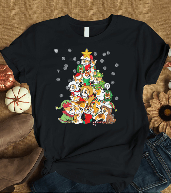 T-Shirt: Corgi Festive Christmas Tree with Santa Hats and Snowflakes T-Shirt Corgi Festive Christmas Tree with Santa Hats and Snowflakes T-Shirt