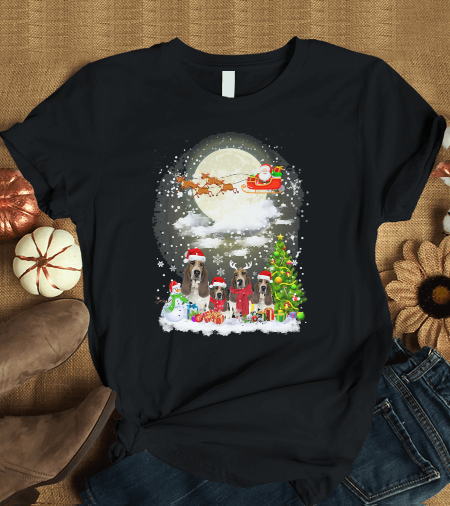 Basset Hound Christmas Santa Sleigh Moon Snow Scene T-Shirt