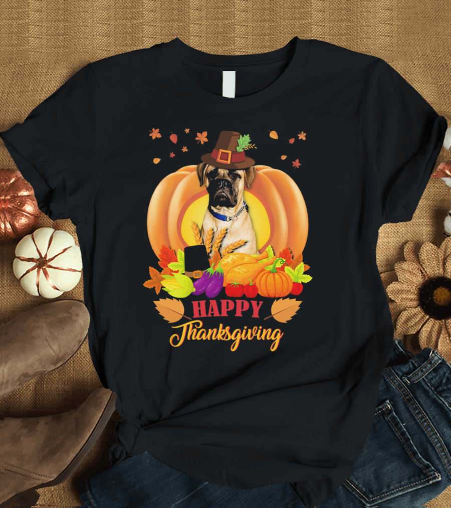 BullMastiff Happy Thanksgiving Dog with Hat and Harvest Elements T-Shirt