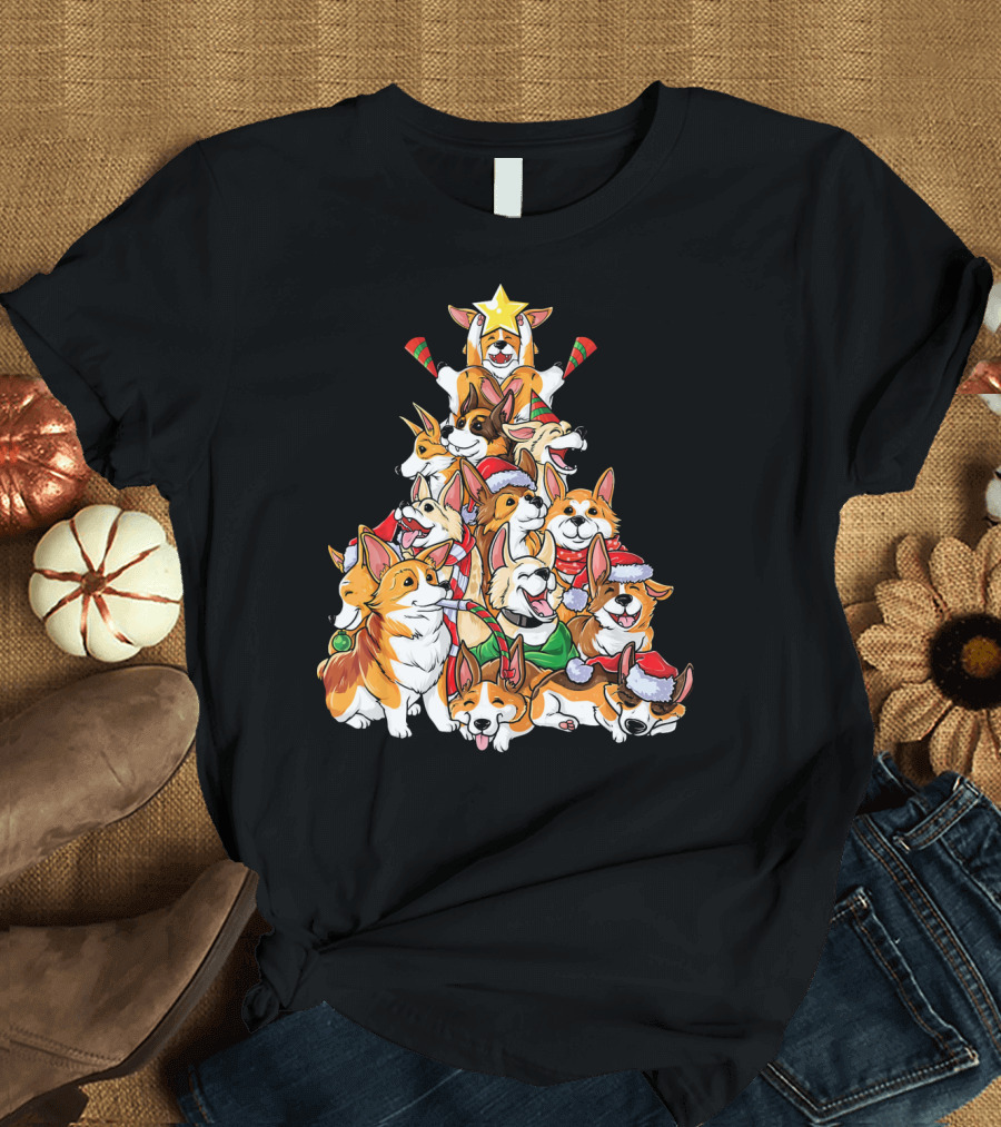 Corgi Christmas Tree Merry Corgm Holiday Dog Pile T-Shirt