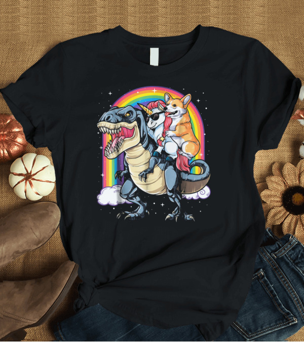 T-Shirt: Corgi Riding Unicorn Trex Rainbow Adventure T-Shirt Corgi Riding Unicorn Trex Rainbow Adventure T-Shirt