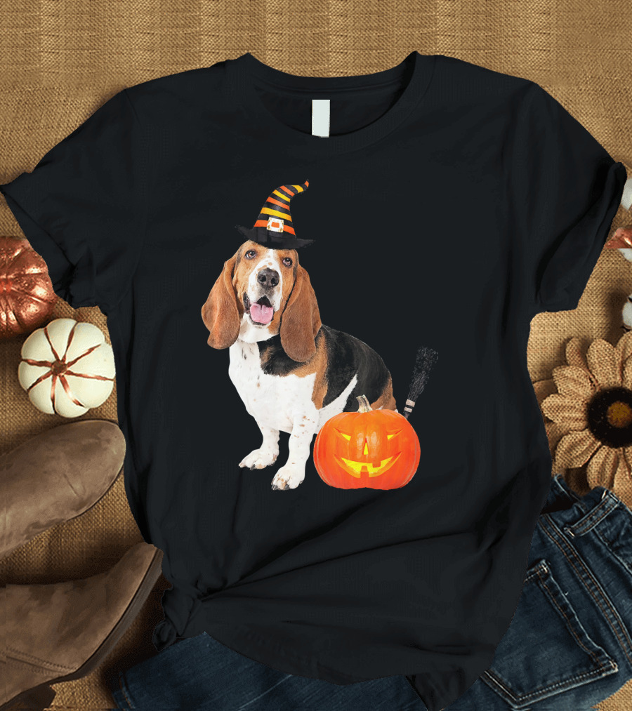 Basset Hound Witch Hat Halloween Dog Costume Pumpkin T-Shirt