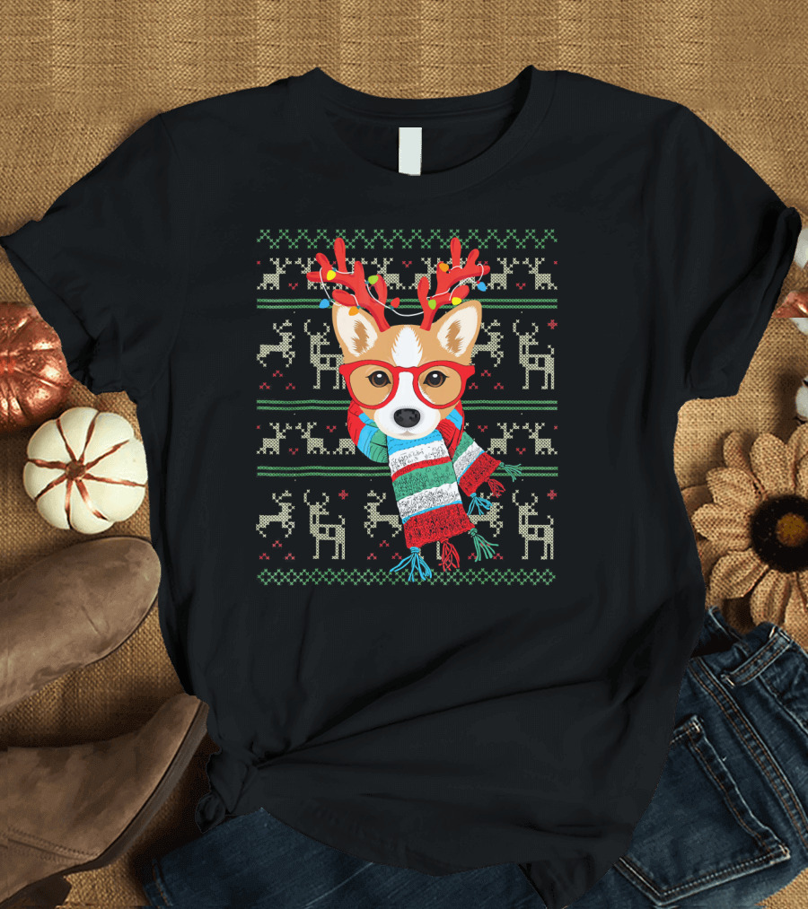 Corgi Puppy Scarf Reindeer Antlers Holiday Lights T-Shirt