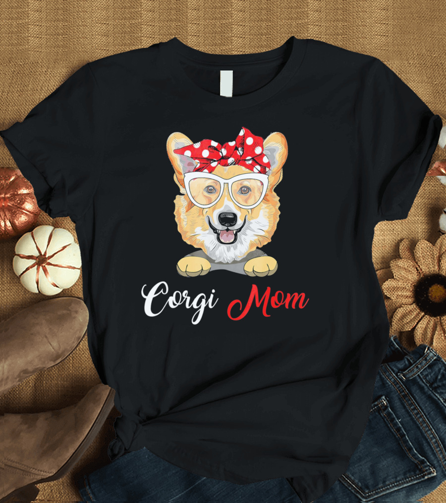Corgi Mom Red Polka Dot Bow Glasses T-Shirt