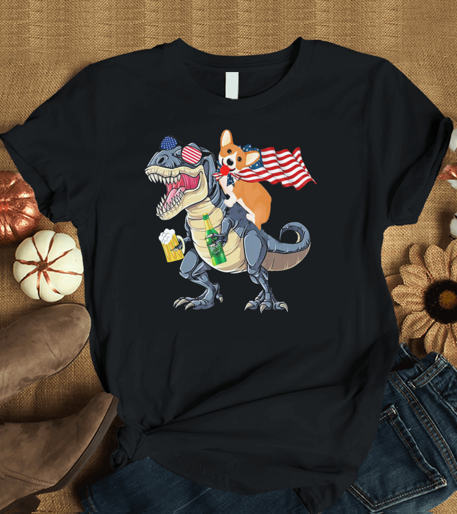 Corgi Riding Dinosaur with American Flag and Beer T-Shirt