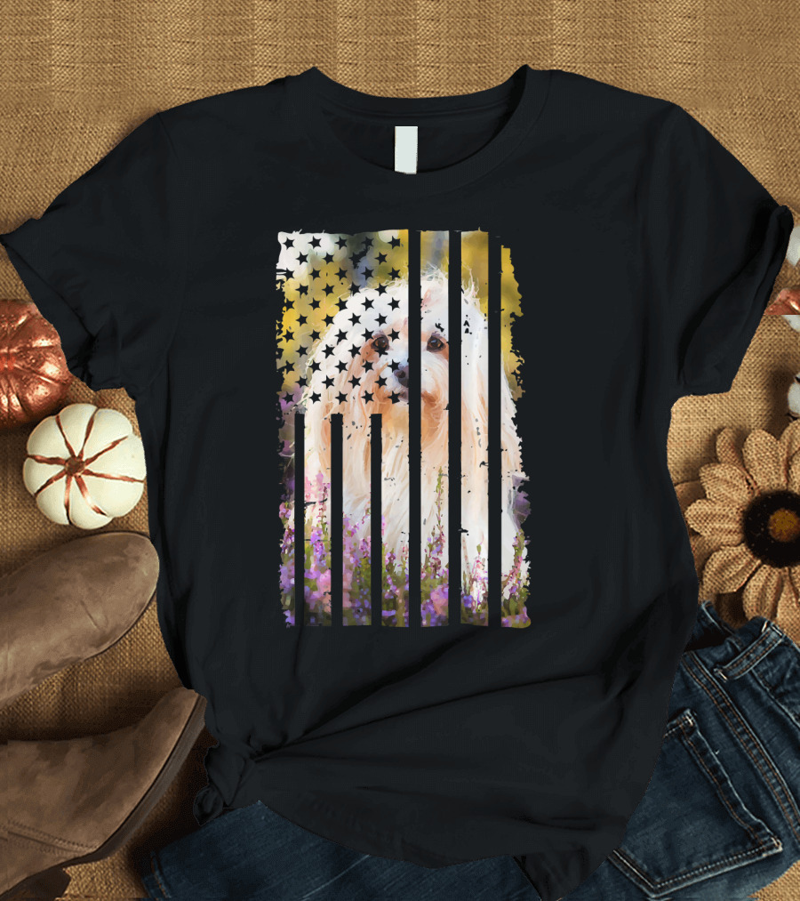 Cute Havanese Dog Picture Funny Puppy American Flag Flowers T-Shirt