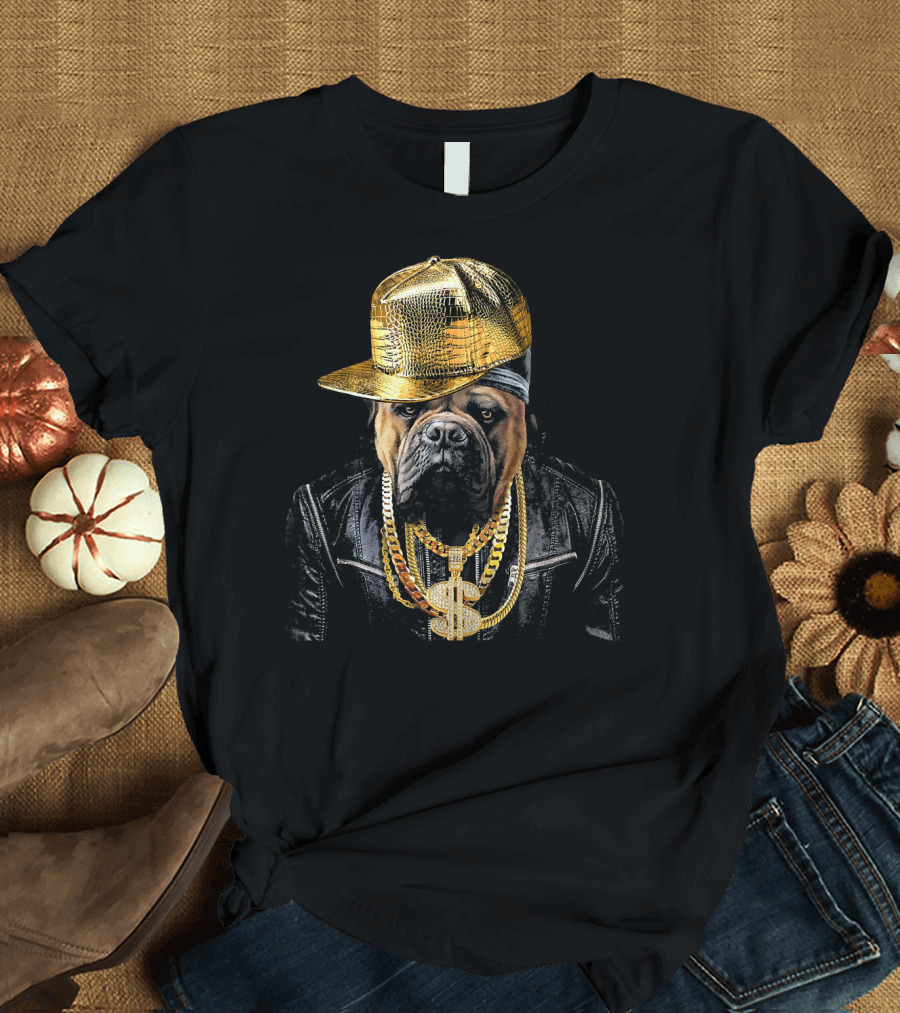 Bullmastiff Rapper Gold Chains and Cap Hip Hop T-Shirt
