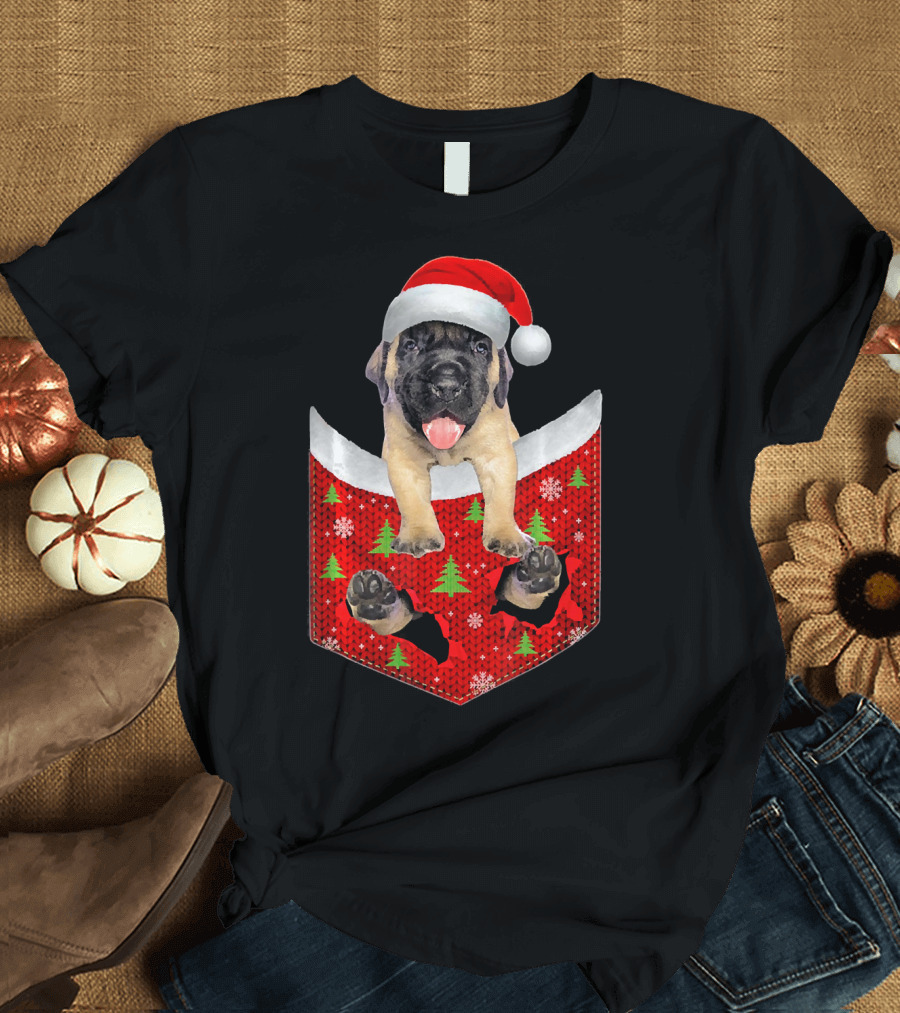 English Mastiff Dog in Santa Hat Christmas Pocket T-Shirt