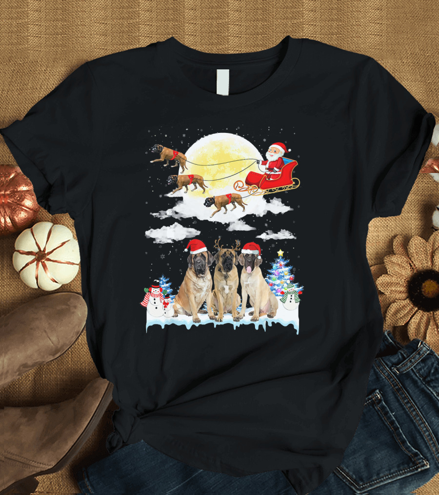 English Mastiff Dogs Santa Sleigh Christmas Moon Snowmen T-Shirt