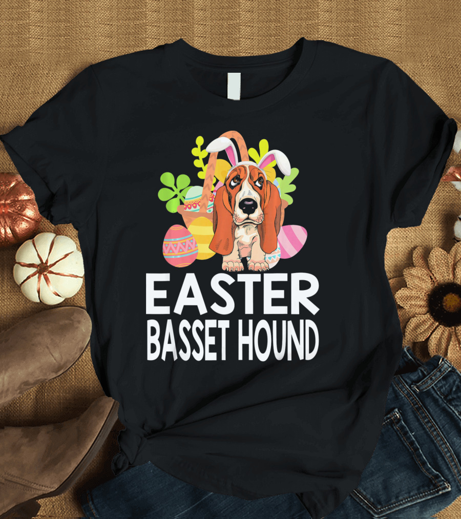 Easter Basset Hound with Colorful Eggs and Bunny Ears T-Shirt