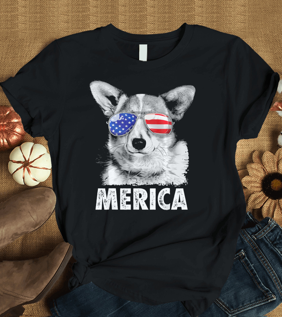 Corgi Merica USA Flag Sunglasses 4th of July T-Shirt
