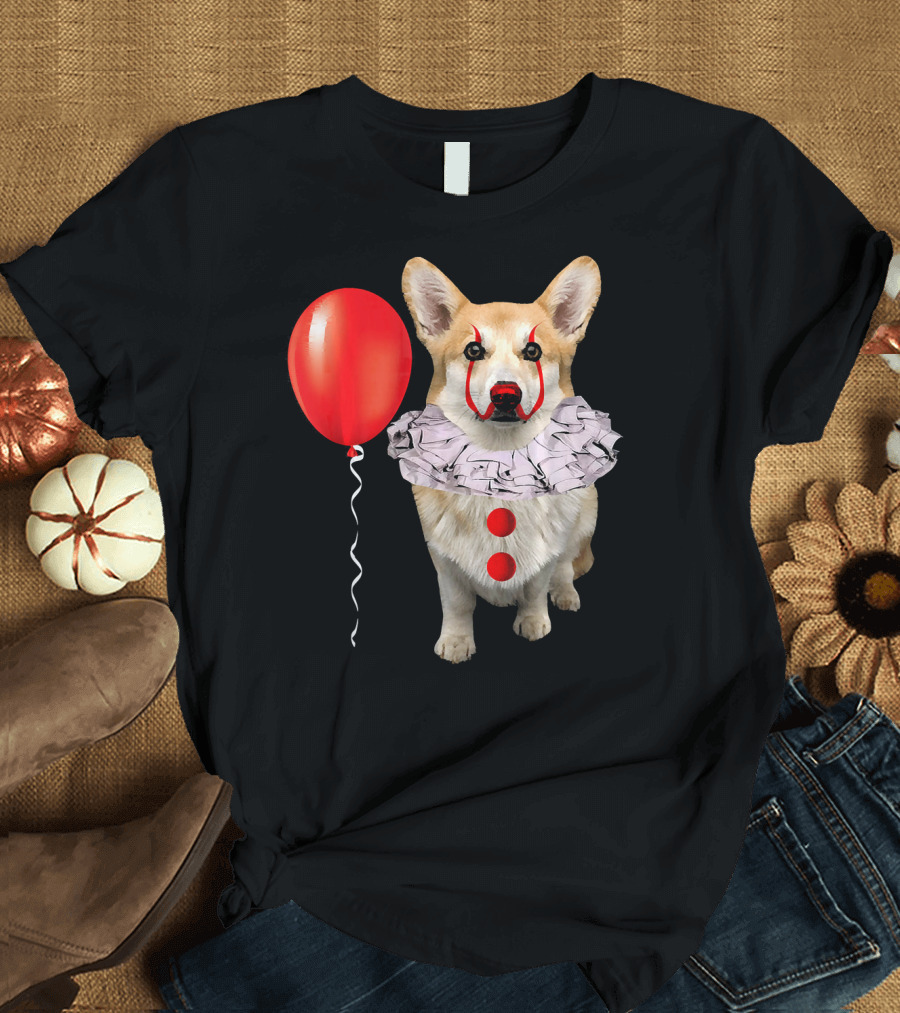 Corgi Scary Clown Funny Corgi Red Balloon T-Shirt
