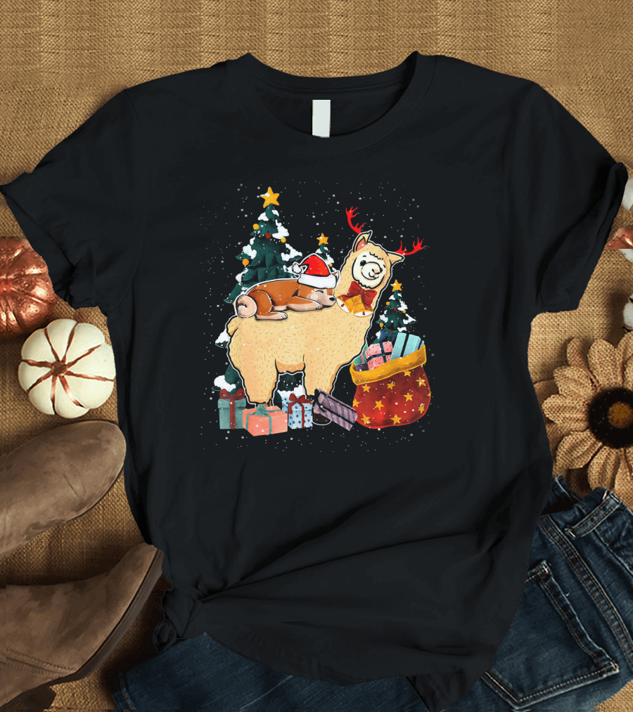 Christmas Cute Santa Corgi on Llama with Gifts and Christmas Trees T-Shirt