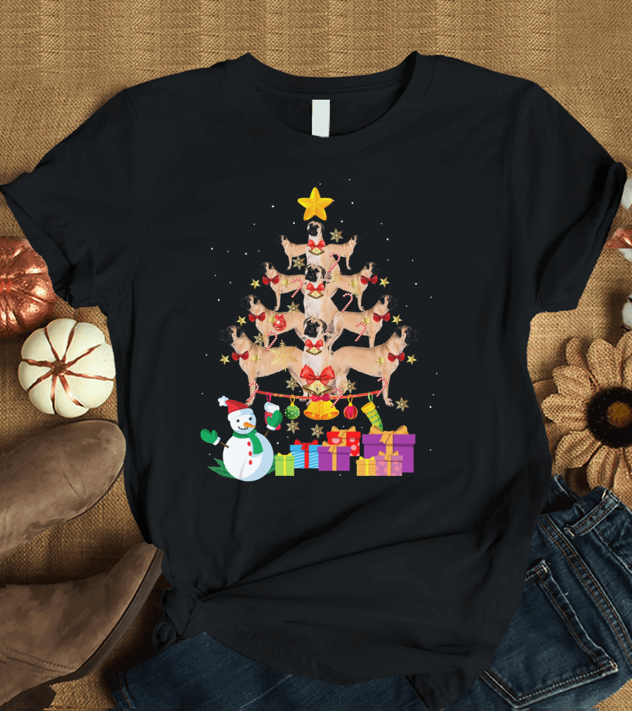 Bullmastiff Christmas Tree with Snowman and Gifts T-Shirt