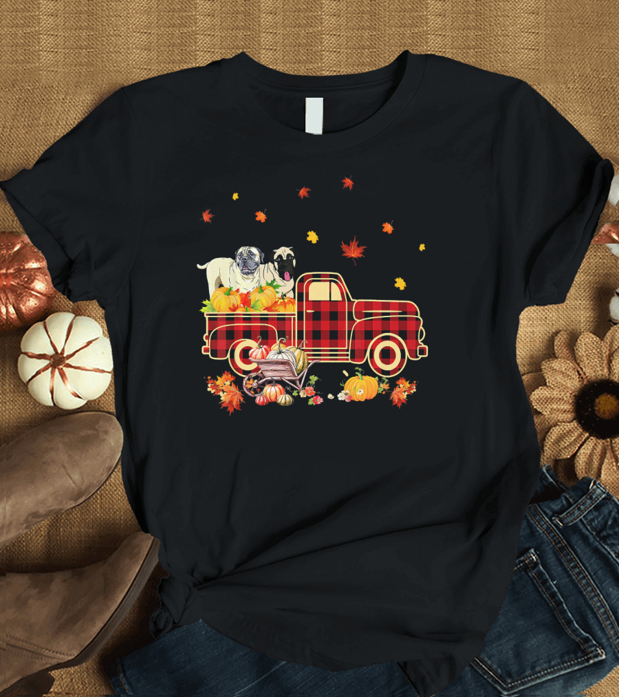 Bullmastiff Pumpkin Truck Fall Leaves Plaid T-Shirt