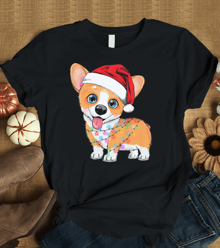 Corgi Christmas Light Funny Dog Santa Hat Love T-Shirt