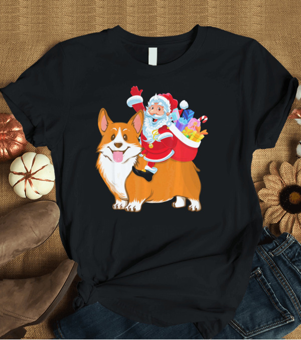T-Shirt: Santa Claus Riding Corgi with Gifts T-Shirt Santa Claus Riding Corgi with Gifts T-Shirt