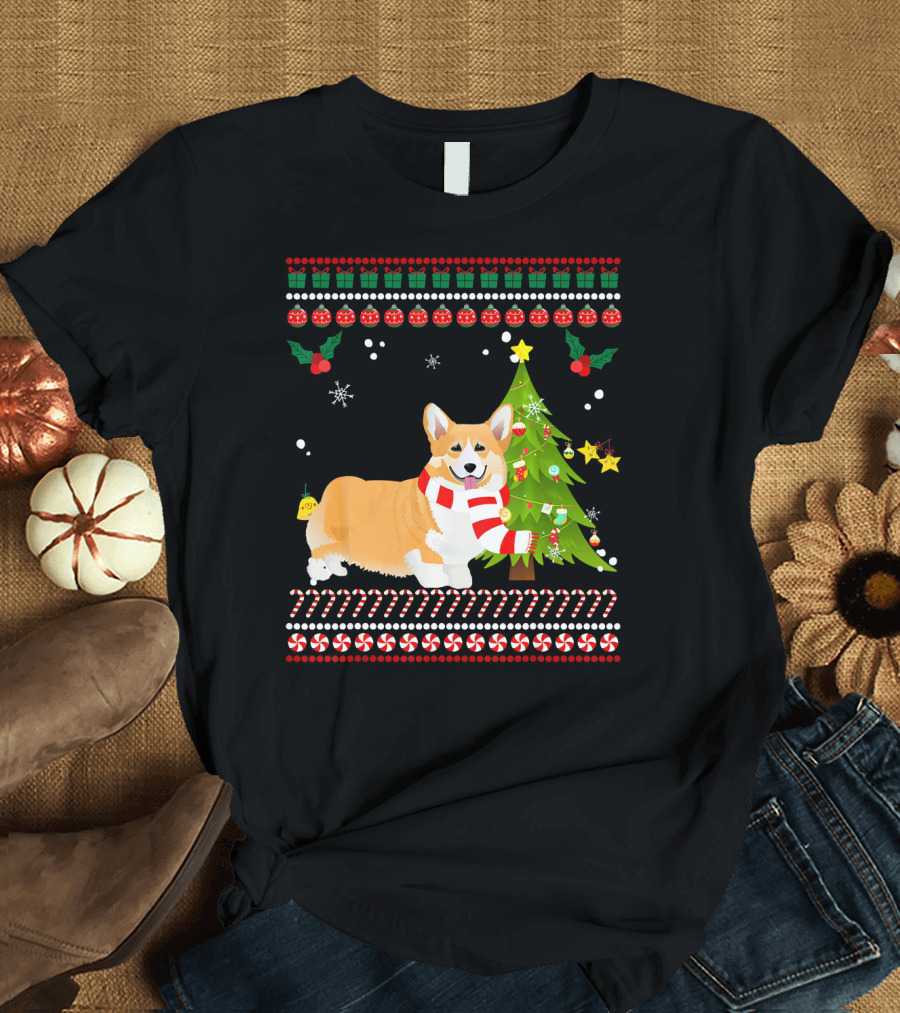 Welsh Corgi with Christmas Pine Tree and Candy Cane Border T-Shirt