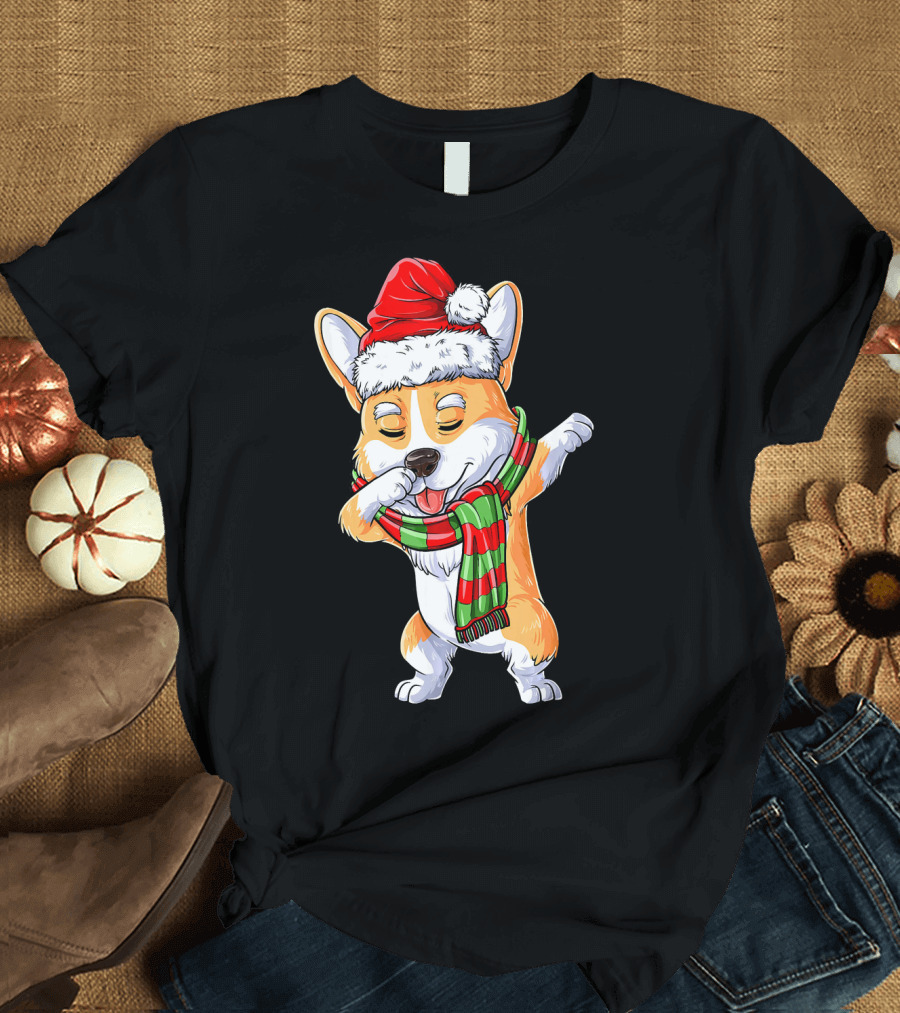 Dabbing Corgi Santa Christmas Scarf T-Shirt