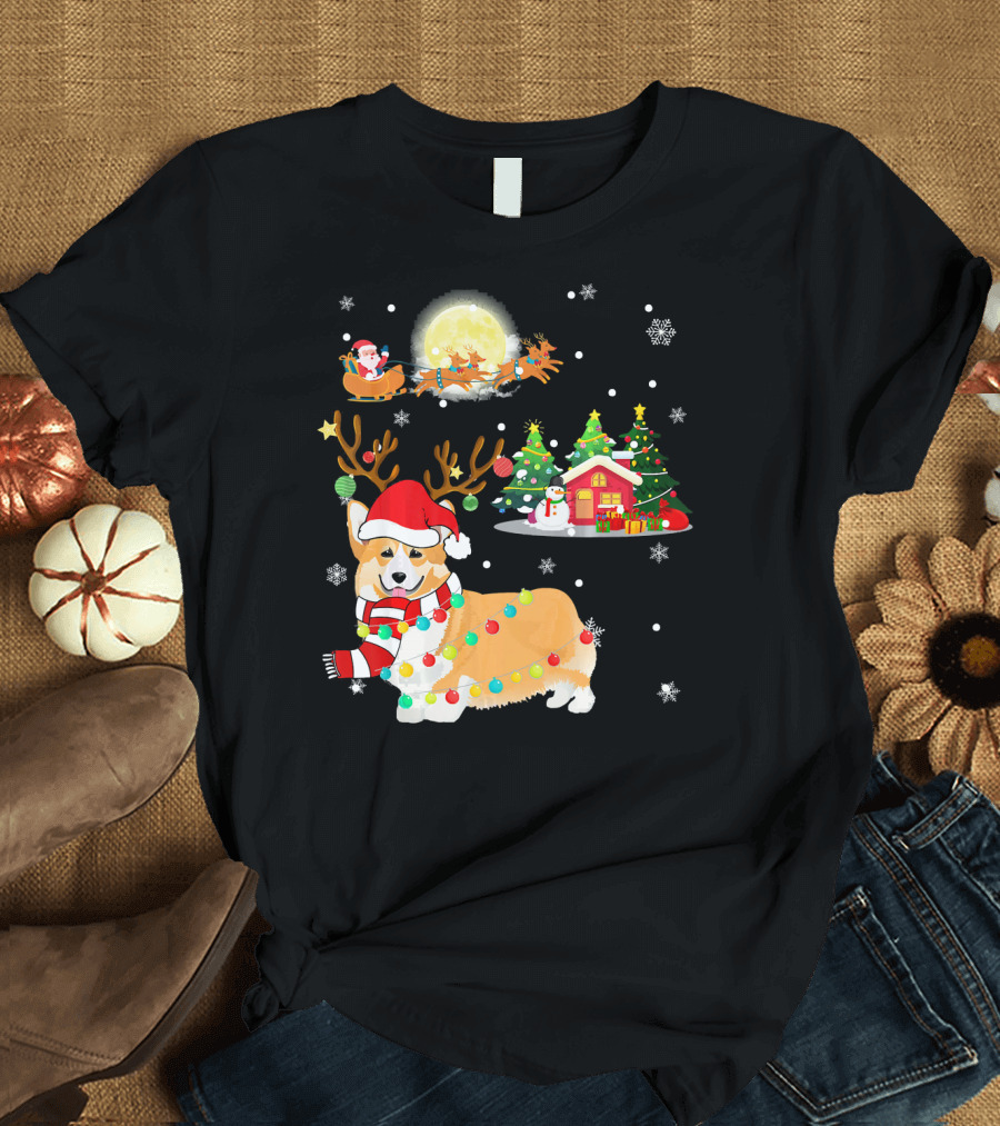 Festive Christmas Welsh Corgi with Santa and Reindeer in Winter Wonderland T-Shirt
