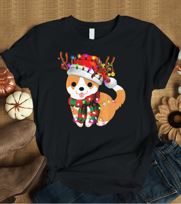 T-Shirt: Corgi Puppy Christmas Reindeer Lights and Santa Hat T-Shirt Corgi Puppy Christmas Reindeer Lights and Santa Hat T-Shirt