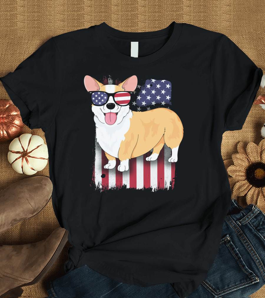 Corgi Wearing American Flag Sunglasses with USA Flag Background T-Shirt