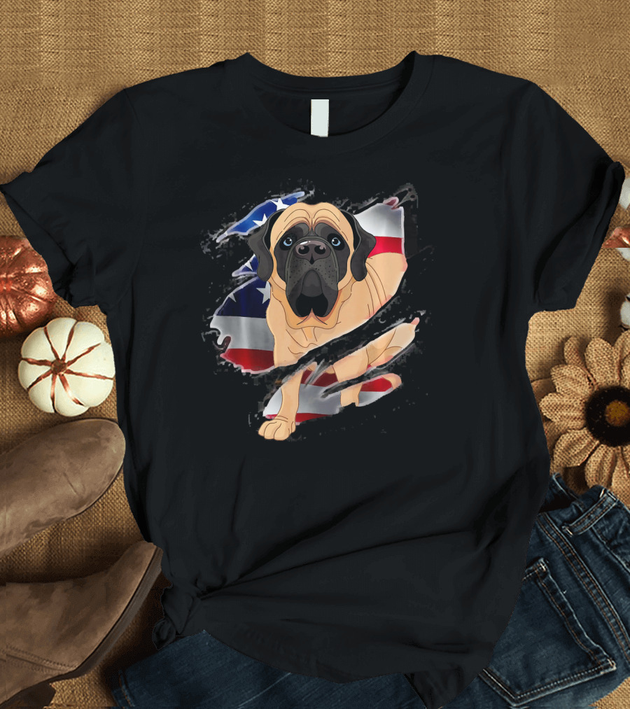 English Mastiff Tearing Through American Flag 4th Of July T-Shirt