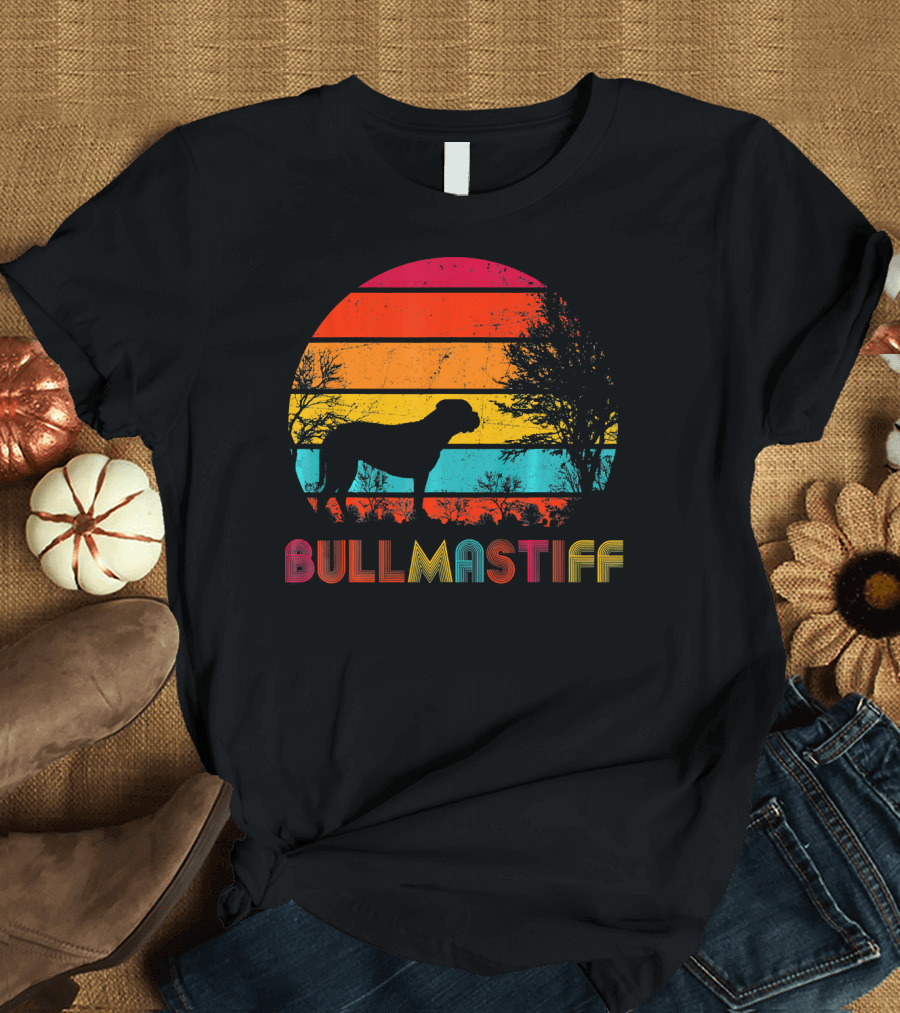 Bullmastiff Sunset Silhouette Vintage Retro Dog Love T-Shirt