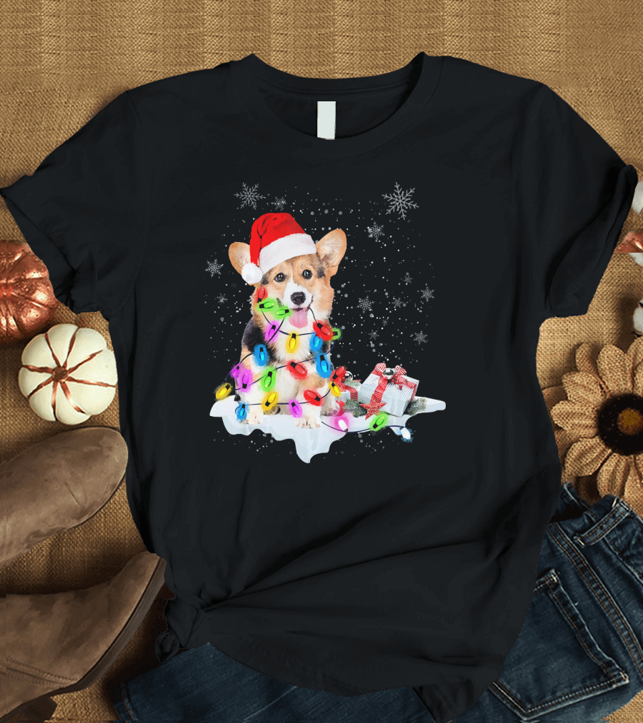 Corgi Santa Hat Christmas Lights Snowflakes T-Shirt