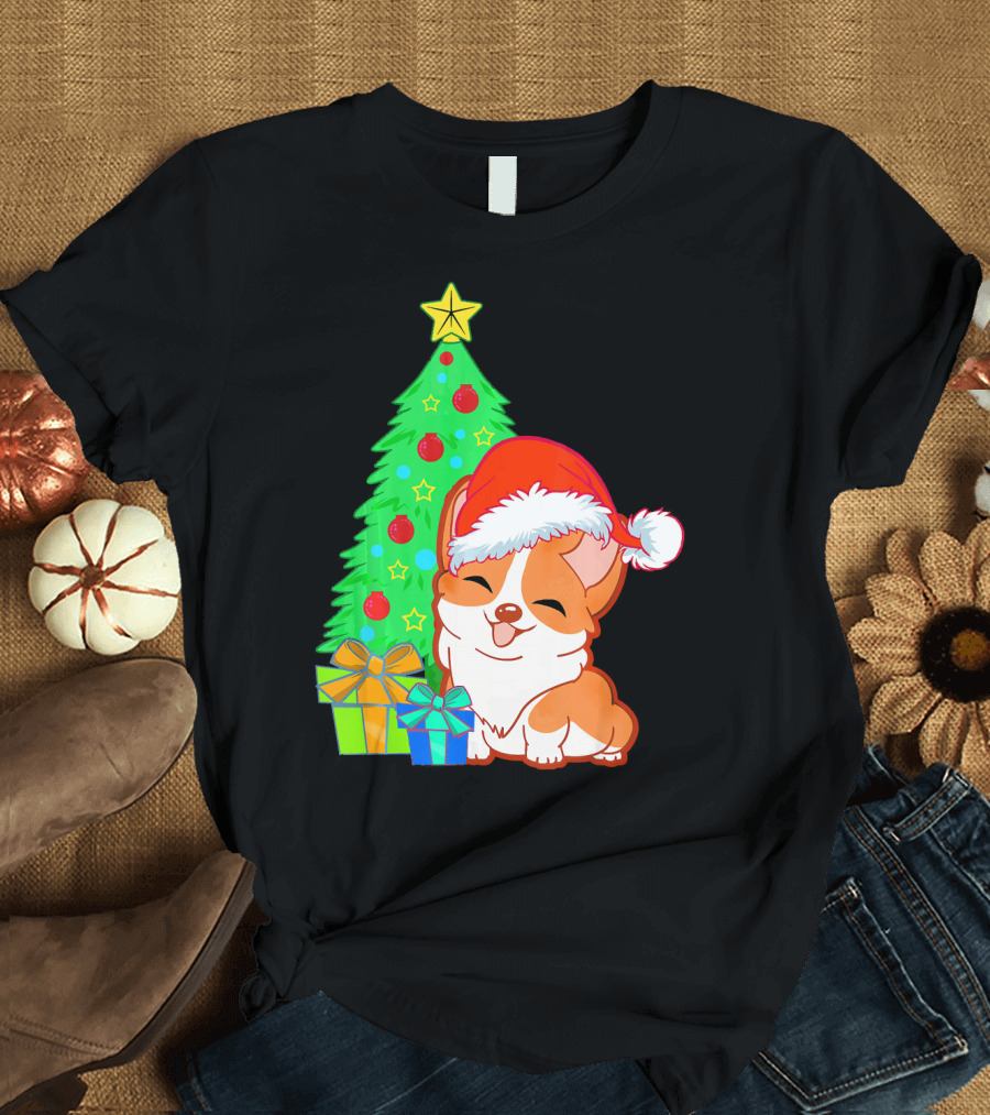 Cute Corgi Dog Santa Christmas Tree and Presents T-Shirt