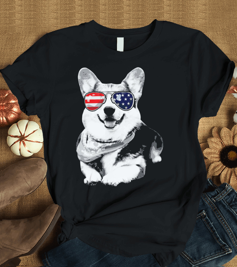 Corgi Sunglasses American Flag Stars Stripes T-Shirt