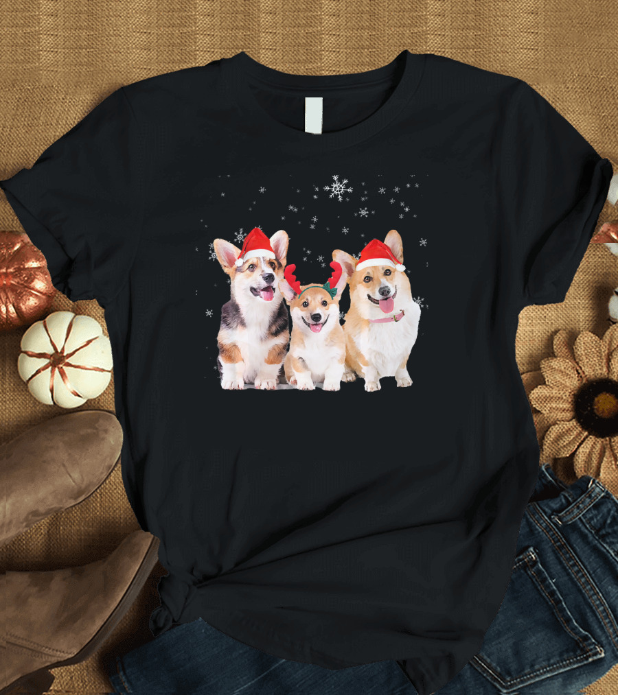 Christmas Corgi Puppy Trio in Santa Hats with Festive Snowflakes T-Shirt