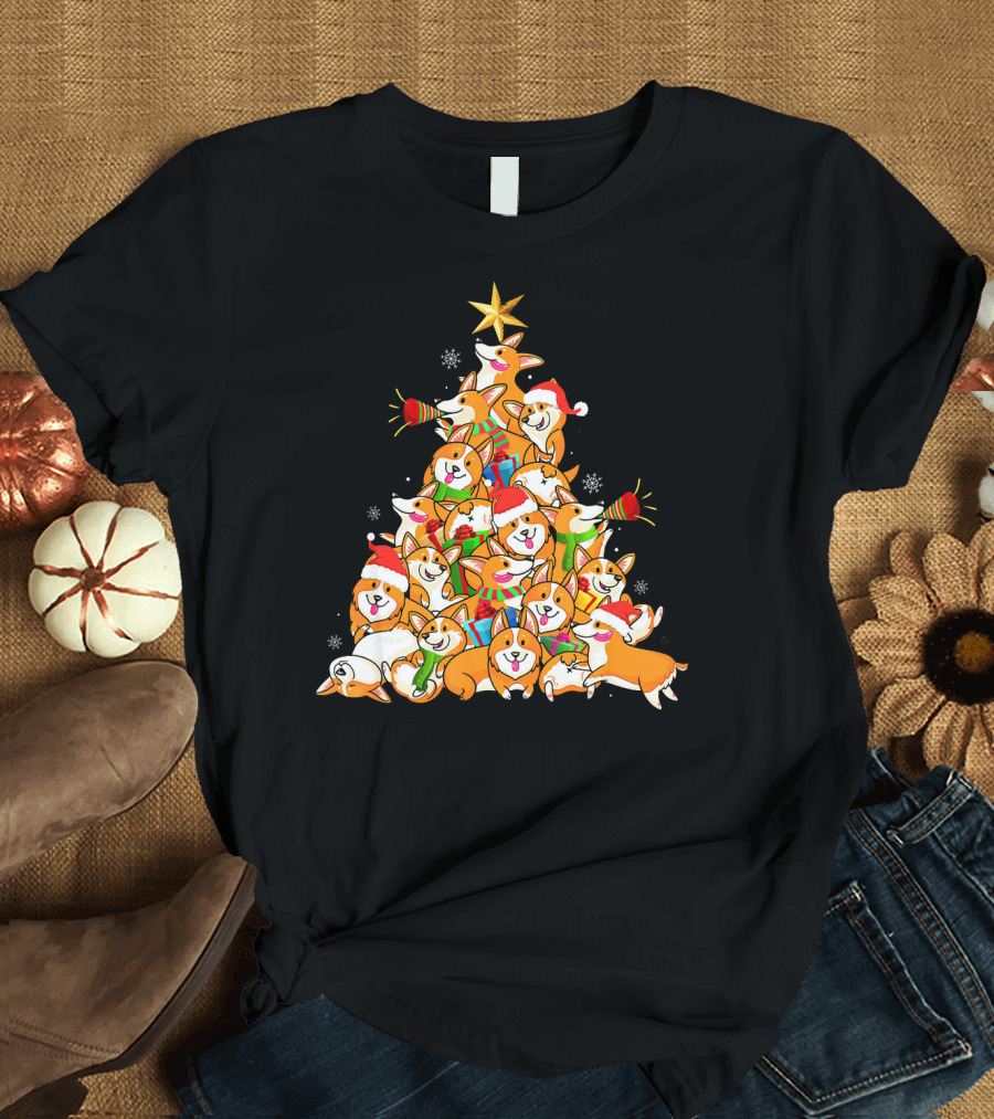 Corgi Dog Christmas Tree with Star and Santa Hats Merry Corgmas T-Shirt