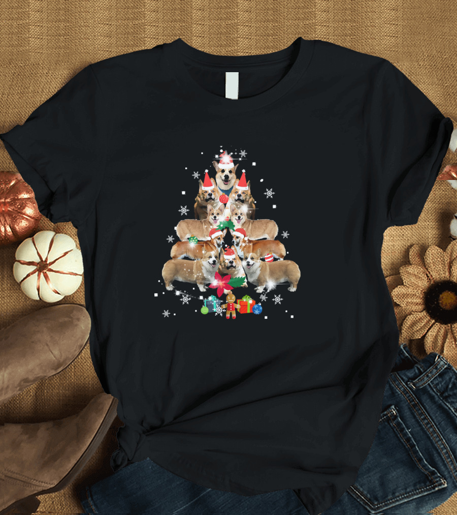 Corgi Christmas Tree Dog Xmas Lights Pajama Snowflakes Presents Santa Hats T-Shirt