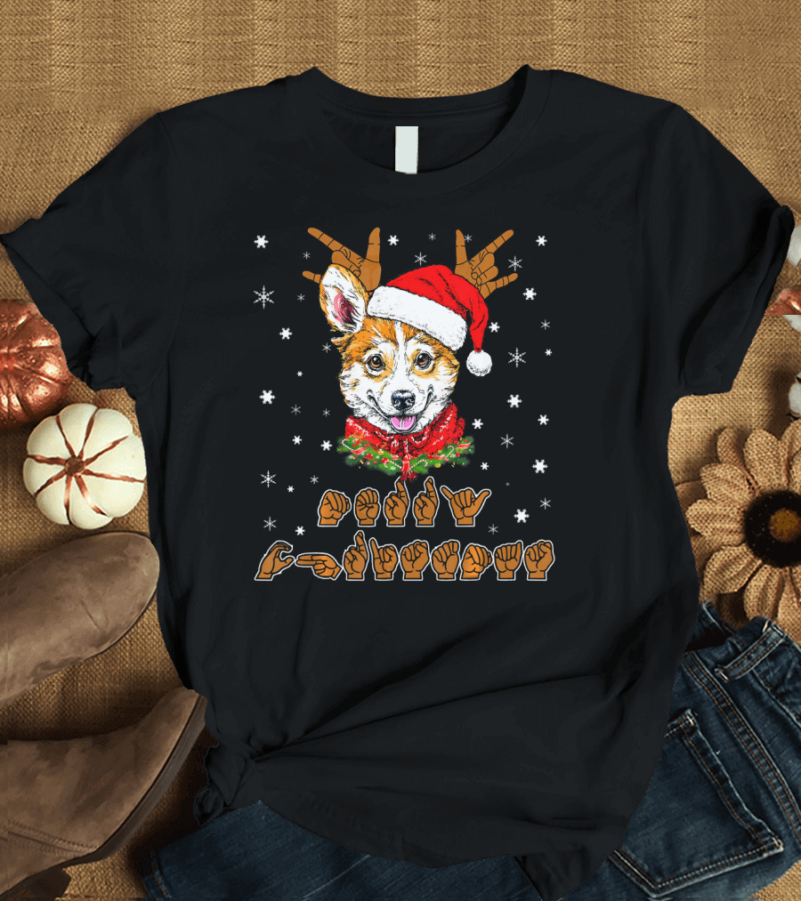 Corgi Dog ASL Sign Language Deaf Christmas Antlers Snowflakes T-Shirt
