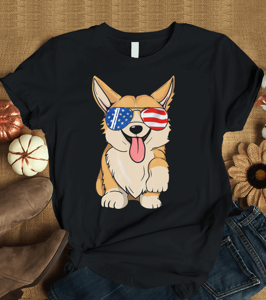 Corgi Sunglasses American Flag 4th of July Merica T-Shirt
