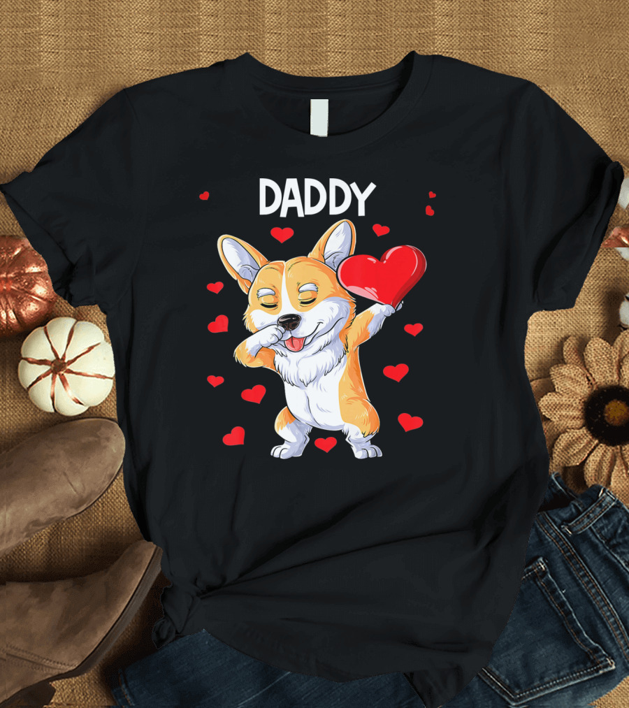 DADDY Dabbing Corgi with Hearts and Love Gesture T-Shirt