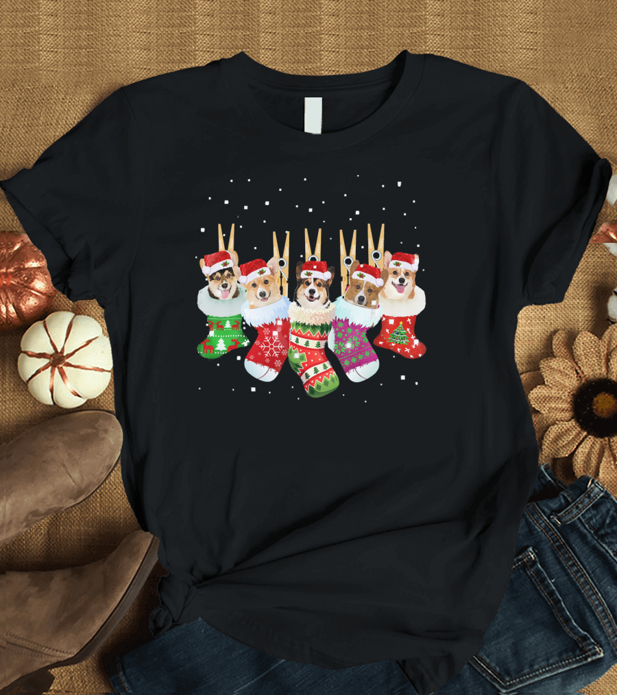 Christmas Corgi Stockings Santa Hats Snowflakes T-Shirt