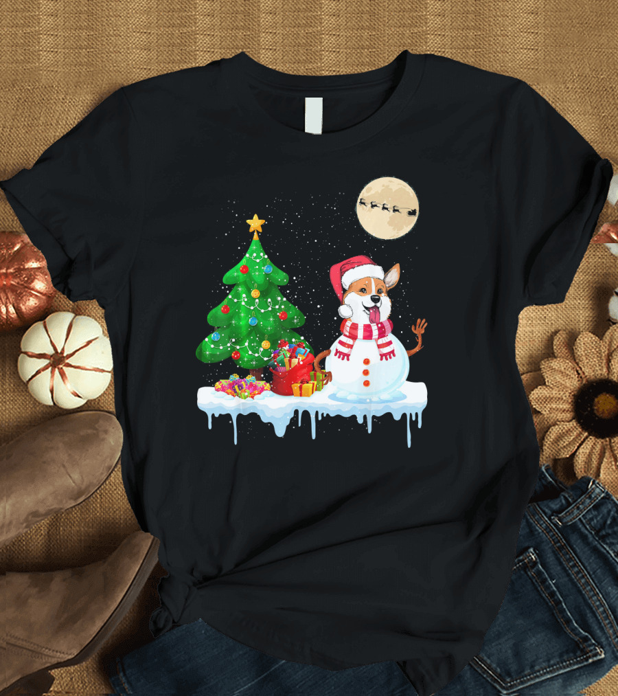 Corgi Snowman Christmas Tree Santa Moon Sled T-Shirt