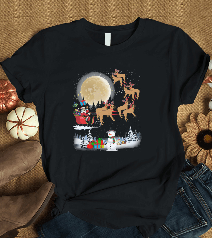 Santa's Sleigh Ride with Reindeer and Snowman in Winter Wonderland T-Shirt