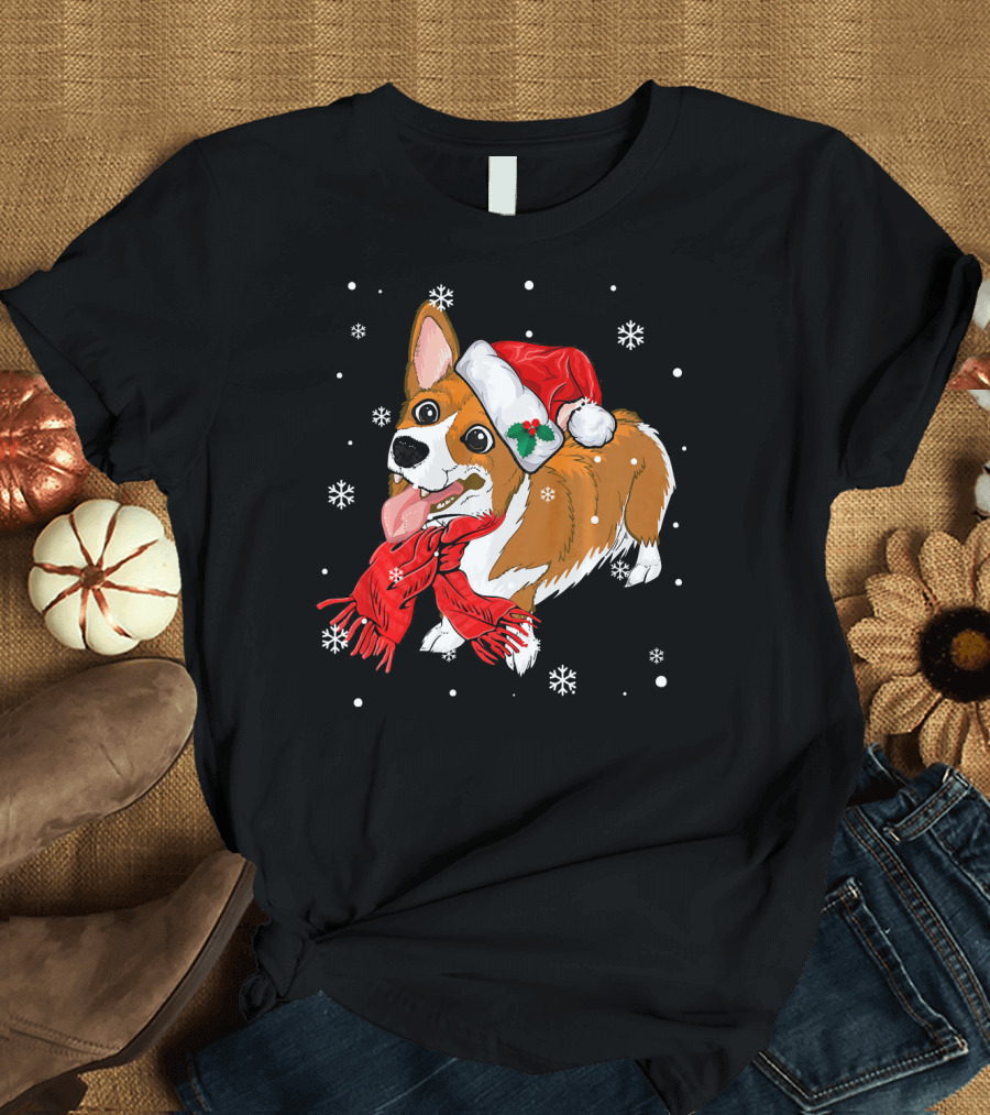 Corgi in Santa Hat and Red Scarf with Snowflakes T-Shirt