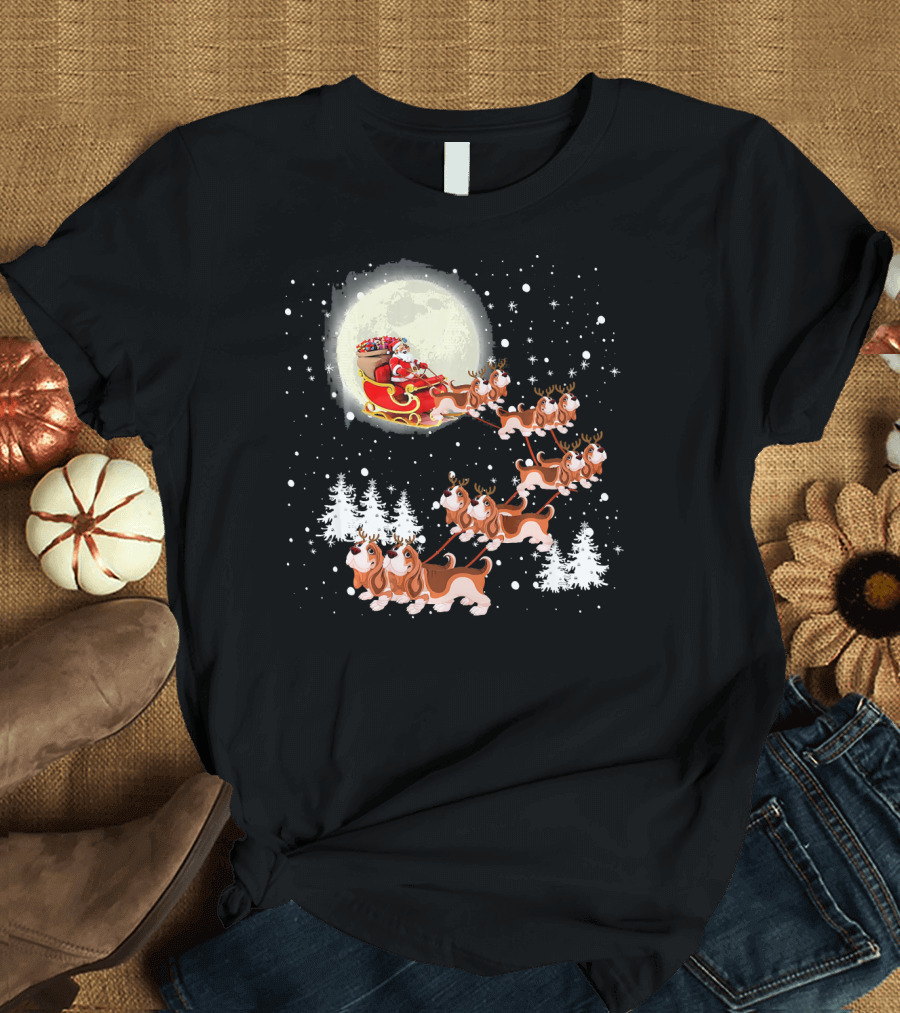 Cute Basset Hound Christmas Lights Reindeer Santa Sleigh Moon Snowflakes T-Shirt