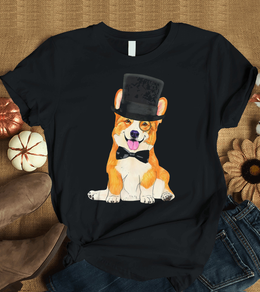 Corgi Wearing Top Hat Monocle and Bow Tie T-Shirt
